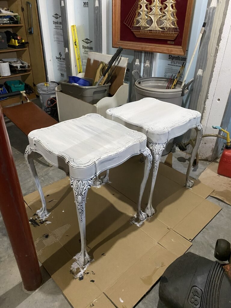 Vintage French end tables during makeover