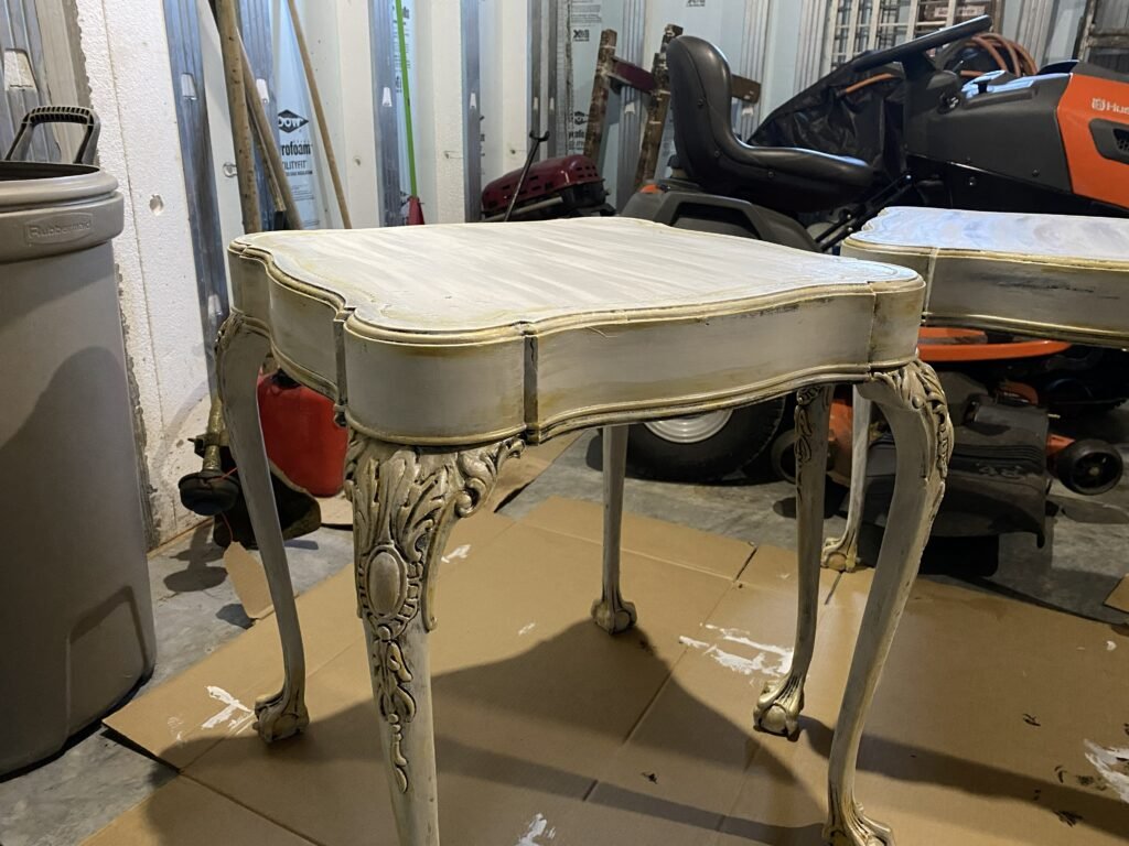 Vintage French end tables during makeover
