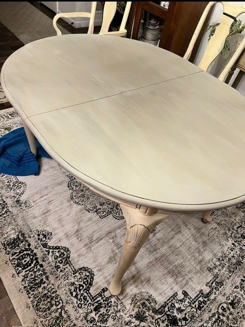 Aged French country dining table makeover with a light painted finish