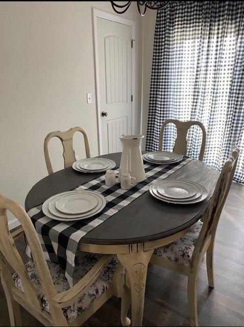 French country dining table makeover with toile chairs and dark painted tabletop