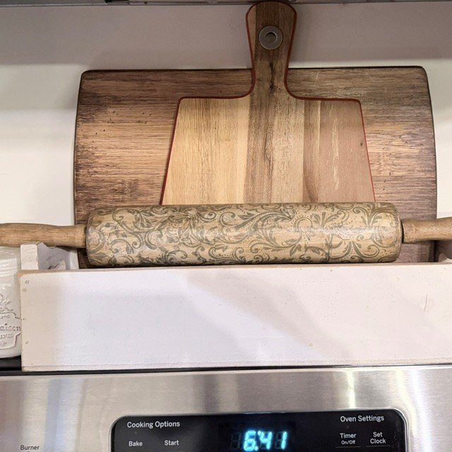Vignette of cutting boards and rolling pin farmhouse French country