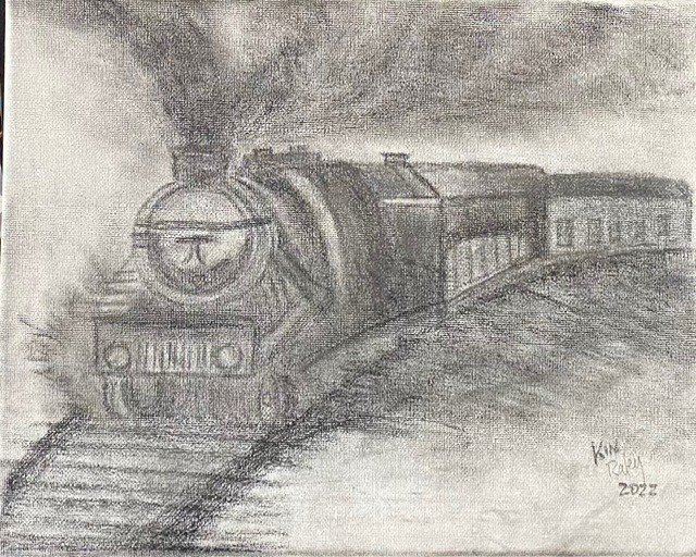 Original train drawing displayed in basement rec room